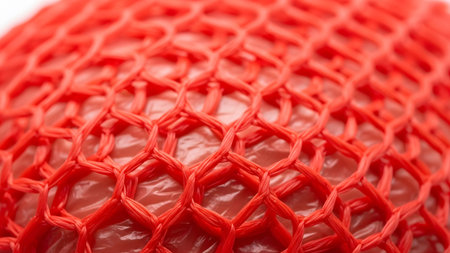Shot showing macro shot of a bright red plastic mesh net covering a textured spherical.の写真素材