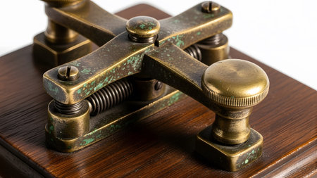 Detailed close-up of the brass mechanism of an antique telegraph key, showing springs, screws,...