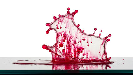 showing red liquid splash frozen mid air on reflective surface with white background.の写真素材
