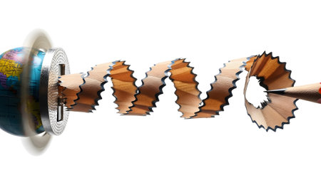 A globe spins as a pencil sharpens it, creating a long wooden spiral on a white background.