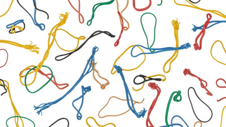 Numerous colorful rubber bands with frayed ends are scattered and floating in a random pattern...