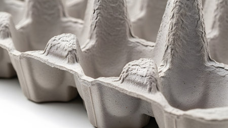 Close up of a textured gray cardboard egg carton showing its individual compartments and rough...