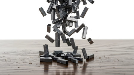 Surface showing many silver metal staples falling and scattering onto a dark wooden surface with...