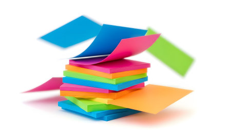 Colorful showing dynamic arrangement of colorful sticky notes with some pages flying off on a...