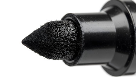 The black porous tip of a marker pen a detailed cellular honeycomb structure in extreme close-up.の写真素材