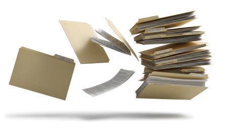 showing scattered manila folders and papers flying in the air against a white background....