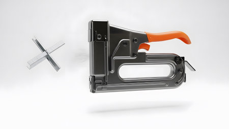 A gray staple gun with an orange handle and a cross shape of staples floating to its left.