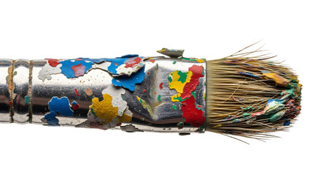 Macro detail of a used paint brush with chipped colorful paint on its metal handle and textured...の写真素材