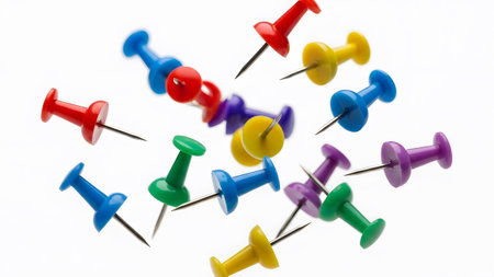 Pushpins showing scattered colorful pushpins on a white background with sharp metal points.