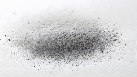 showing fine grey powder scattered on a textured white surface with small dark particles...