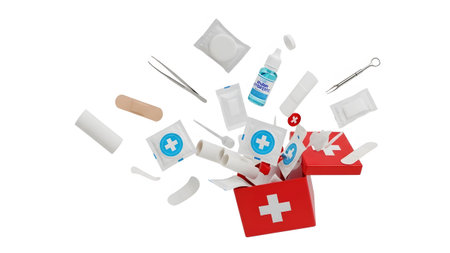(5969) showing red first aid kit exploding with medical supplies on a white background.