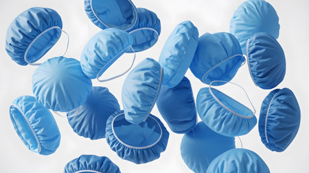Disposable showing pile of light blue disposable surgical bouffant caps with elastic bands...