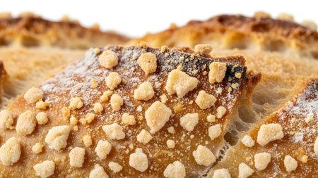 showing extreme close-up of a golden brown bread crust with visible crumbs and white flour...