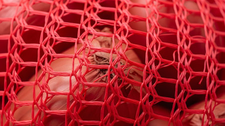 Mesh showing red mesh netting obscuring a cluster of onions on a white background.