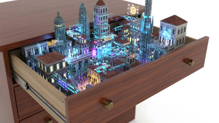 A miniature futuristic city with neon lights and flying vehicles displayed inside an open wooden...の写真素材