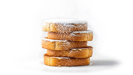 showing stack of golden brown french toast slices dusted with powdered sugar.