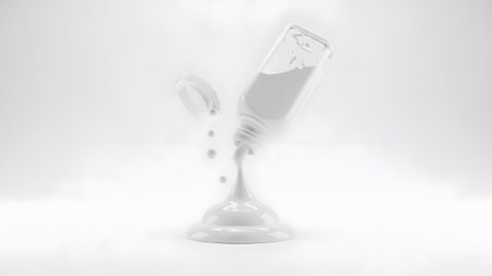 White liquid spills from a tilted open bottle, forming abstract fluid shapes and droplets on white.