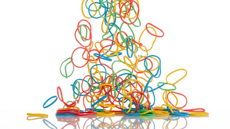 Rubber showing scattered pile of colorful rubber bands falling onto a reflective surface with...