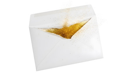 showing white envelope spilling golden glitter and sparkles on a white background.