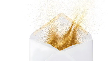 Scattering showing white envelope with golden glitter particles scattering outward on white....