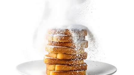 Towering stack of french toast slices covered in falling powdered sugar on a...
