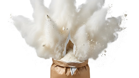 Outwards showing bag of white powder exploding outwards with dust and particles.