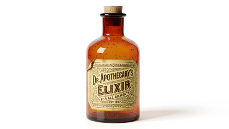 An amber glass apothecary bottle with a cork stopper is labeled Elixir for All...