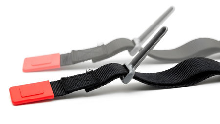 Ends showing black and gray tourniquet straps with red plastic ends on a white background.