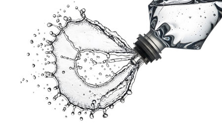 Motion showing clear liquid splashing dynamically from a clear plastic bottle against a white...