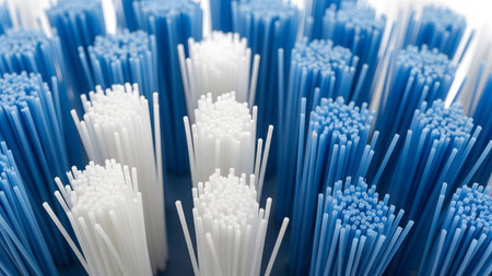 Texture showing close-up macro shot of blue and white toothbrush bristles texture pattern.