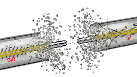 A broken glass thermometer a yellow liquid and silver bubbles exploding outwards on a white...