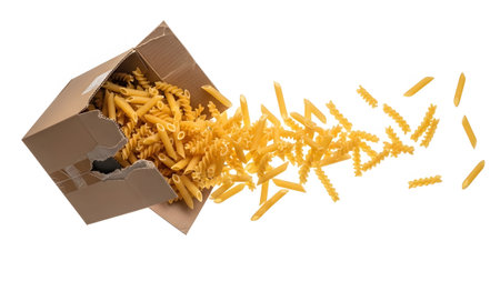 Dried showing cardboard box spilling dried fusilli and penne pasta onto a white background.