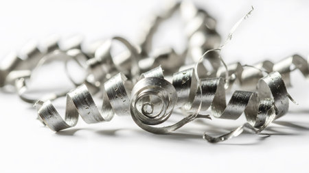 Close-up of metallic silver shavings curled into spirals and scattered across a white surface.の写真素材