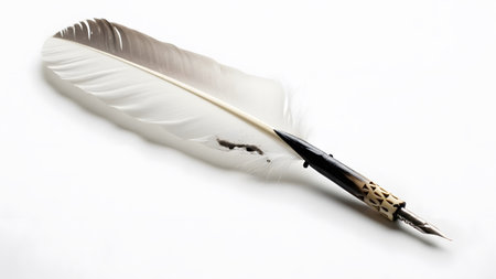 A white feather quill pen with a dark handle and ink stains rests on a white surface....