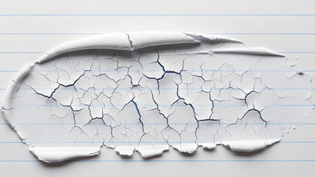 A white paint smear with intricate cracks revealing blue lines on a lined paper background.