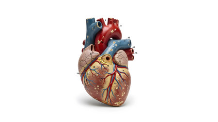 Human anatomical model of a human heart showing red arteries and blue veins on a white background.