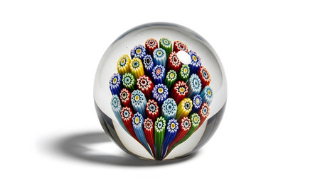 Sphere showing clear glass sphere paperweight with colorful millefiori glass flower inside.