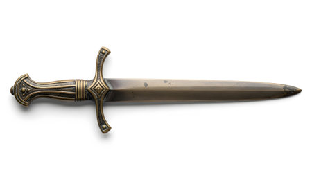 Dagger showing antique bronze dagger with ornate handle and straight blade on white background....