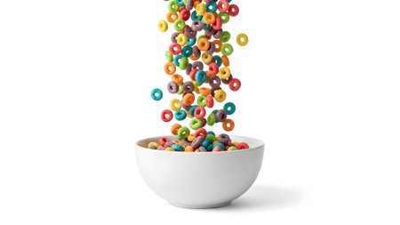 Bowl showing colorful cereal loops falling into a white bowl on white background.