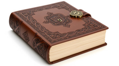 An antique brown leather book an embossed shield and keyhole with a brass clasp on a white...の写真素材