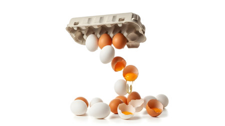 (7271) showing carton of white and brown eggs with some falling and breaking on a white...