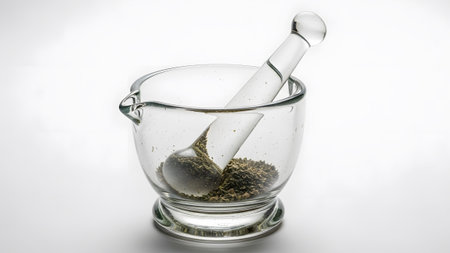 Mortar showing clear glass mortar and pestle with ground herbs inside on a white background.