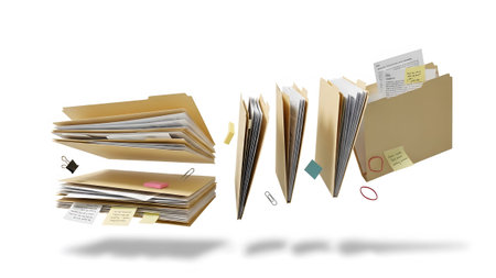 Papers showing floating manilla folders with papers and sticky notes on white background.