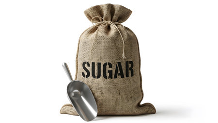 A burlap sack labeled SUGAR stands with a silver metal scoop placed to its side on white.