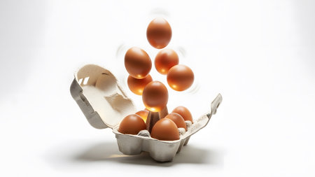 Illuminated showing brown eggs in an open carton with some eggs illuminated from...