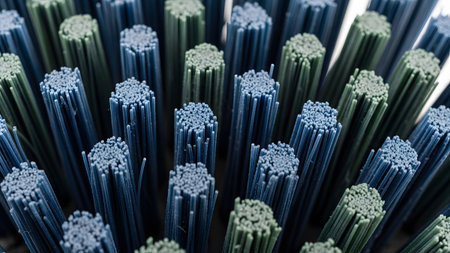 Macro showing close up macro view of blue and green toothbrush bristles in abstract pattern....