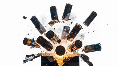 Exploding batteries with sparks and smoke emerging from a broken container on...