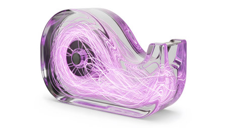 Pink showing clear purple plastic tape dispenser with swirling pink glowing fibers inside on...
