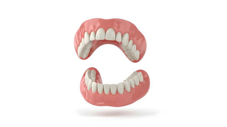 Teeth showing full set of realistic pink dentures with white teeth floating against a white...