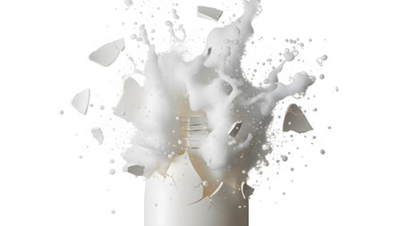 Exploding showing exploding white egg with splashing liquid and shell fragments on white...